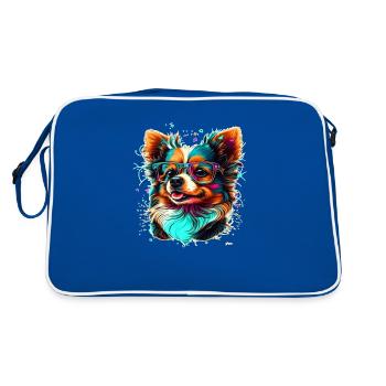 Rassehund Chihuahua mit Hipster und Streber Brille - Retro Tasche - Blau/Weiß - Hinten