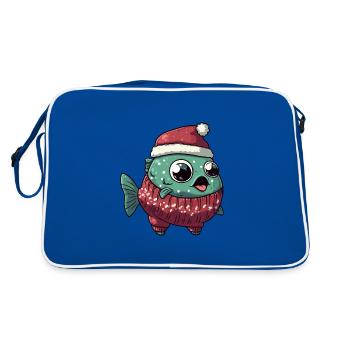 Piranha Fische Weihnachten Comic - Retro Tasche - Blau/Weiß - Hinten