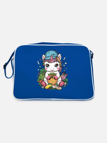 Licorne Kawaii avec Salade Verte - Sac Retro - bleu/blanc - Dos