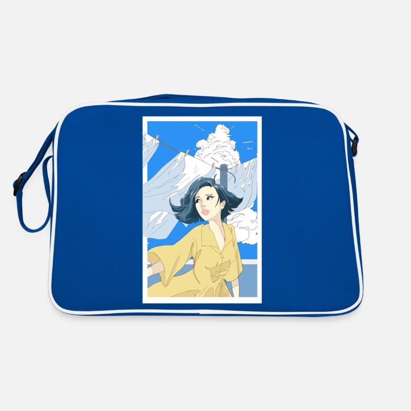 Frau mit gelben Kleid - Retro Tasche - Blau/Weiß