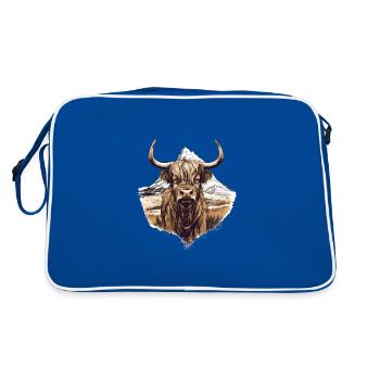Rustic Scottish Highland cow landscape and - Retro Bag - blue/white - Back