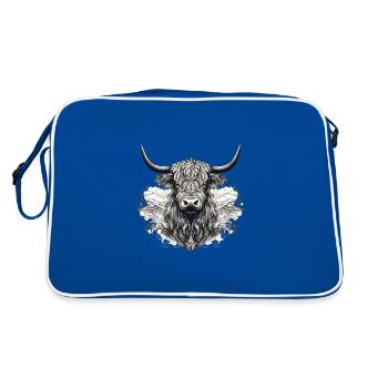 Rustic Scottish Highland cow landscape and - Retro Bag - blue/white - Back