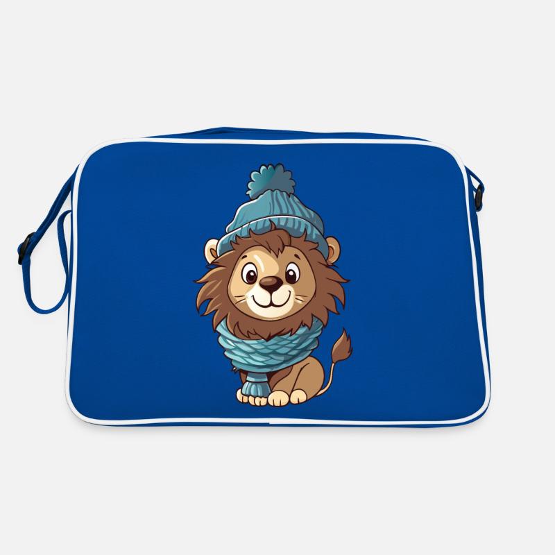 Mignon lion avec écharpe et chapeau à pompon. Sac Retro