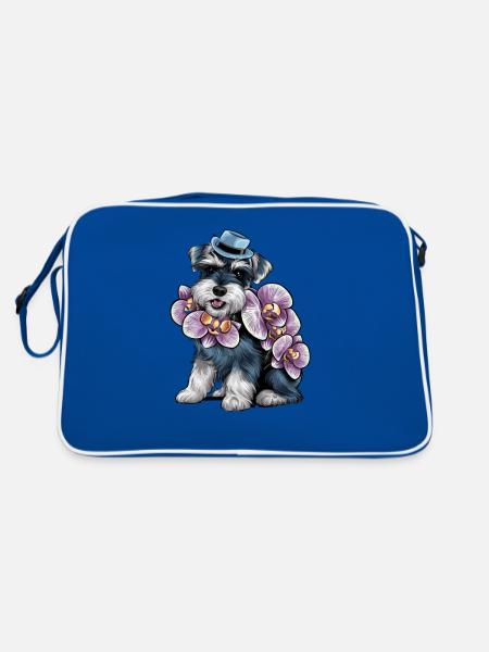 Cartoon Zwergschnauzer mit wundervollen Orchideen - Retro Tasche - Blau/Weiß - Hinten