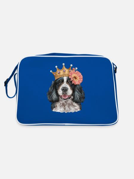 Cocker Spaniel mit Blumen und Krone - Retro Tasche - Blau/Weiß - Hinten
