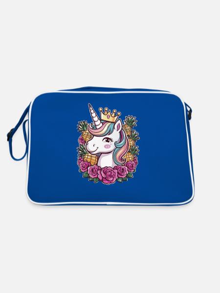Süßes Cartoon Kawaii Einhorn mit Rosen & Ananas - Retro Tasche - Blau/Weiß - Hinten