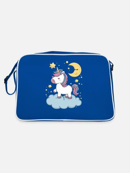 Kawaii Einhorn mit Wolken, Mond und Sternen - Retro Tasche - Blau/Weiß - Hinten
