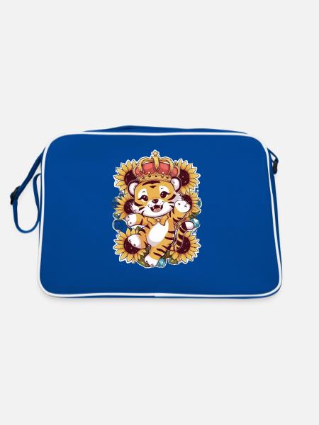 Tiger with crown and magnificent sunflowers - Retro Bag - blue/white - Back