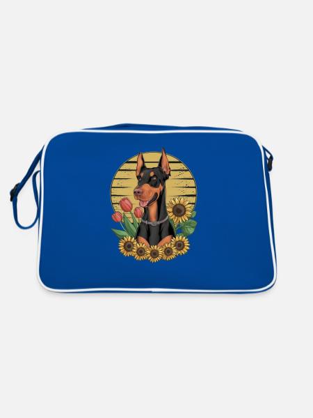 Doberman Pinscher with Sunflowers and Tulips - Retro Bag - blue/white - Back