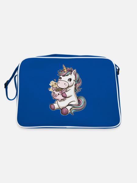 Cool Kawaii Unicorn with Piggy Bank - Retro Bag - blue/white - Back