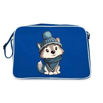 Niedlicher Wolf mit Schal und Pudelmütze. - Retro Tasche - Blau/Weiß - Hinten