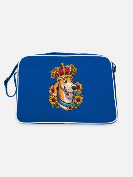 Irischer Wolfshund, Krone und Sonnenblumen - Retro Tasche - Blau/Weiß - Hinten