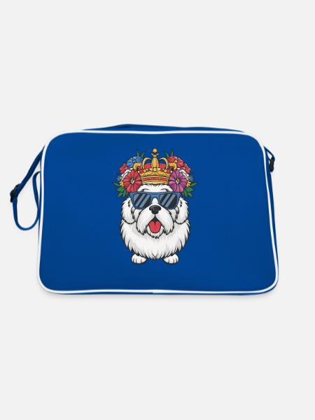 Bobtail Hund mit Krone und Blumen - Retro Tasche - Blau/Weiß - Hinten