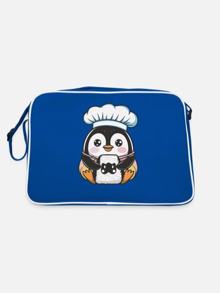 Kawaii Pinguin mit Onigiri Reisball - Retro Tasche - Blau/Weiß - Hinten