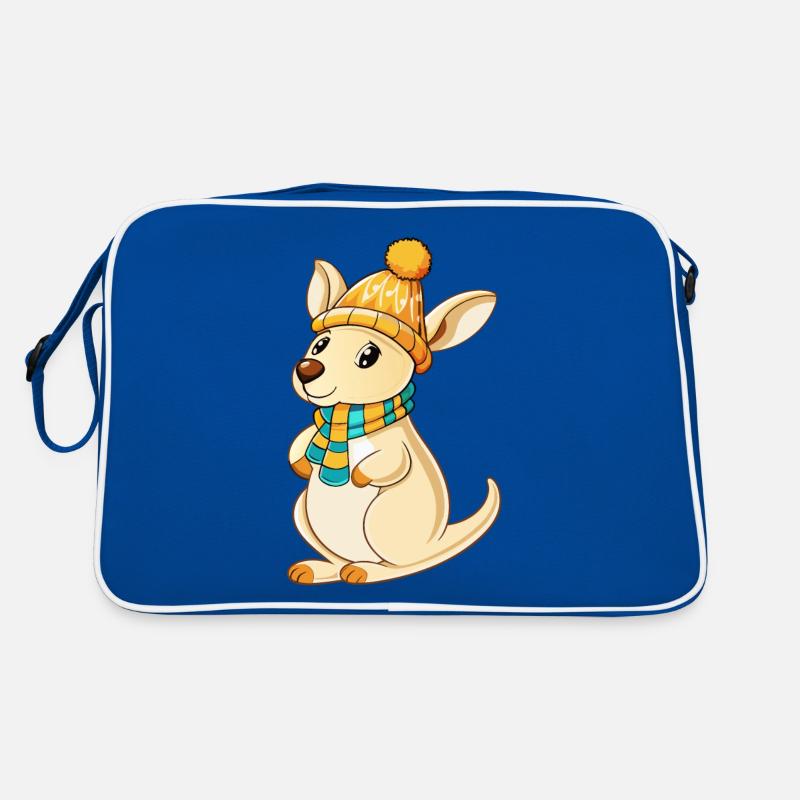 Mignon kangourou avec écharpe et chapeau à pompon. Sac Retro