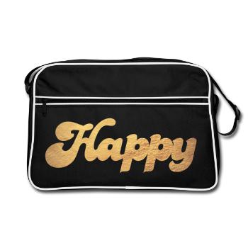 Happy Gold Squiggles Cursive Happiness Quotes - Retro Bag - black/white - Front