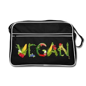 VEGAN Fruit and Vegetable Lettering Illustration - Retro Bag - black/white - Front