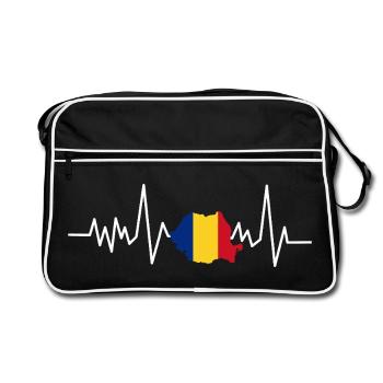 Herzschlag mit Rumänischer Flagge - Retro Tasche - Schwarz/Weiß - Vorne