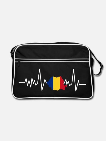 Herzschlag mit Rumänischer Flagge - Retro Tasche - Schwarz/Weiß