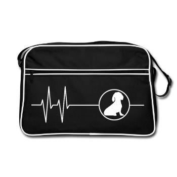 Mein Herz schlägt für Dackel – Herzlinien-Dackel - Retro Tasche - Schwarz/Weiß - Vorne