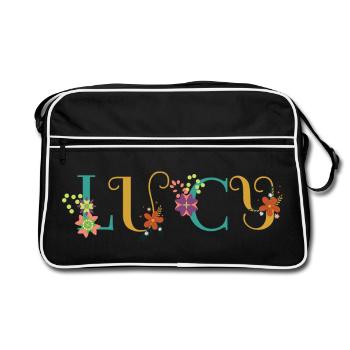 LUCY Name Art With Flowers Embroidered - Retro Bag - black/white - Front