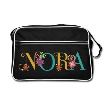 Art du nom NORA avec des fleurs brodées - Sac Retro - noir/blanc - Devant