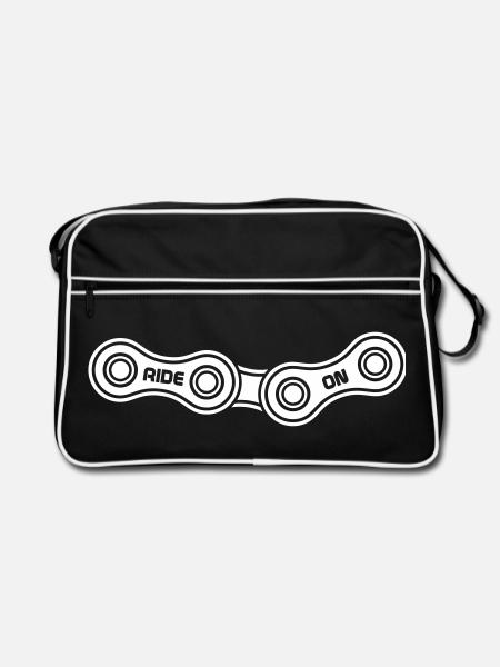 Fahrradkette Ride On Spruch für Radfahrer - Retro Tasche - Schwarz/Weiß - Vorne