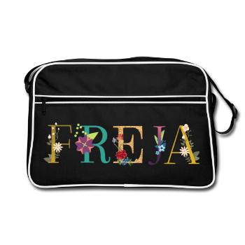 FREJA Name mit Blumen geschmückt - Retro Tasche - Schwarz/Weiß - Vorne