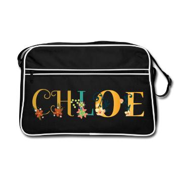 CHLOE Namenskunst mit gestickten Blumen - Retro Tasche - Schwarz/Weiß - Vorne