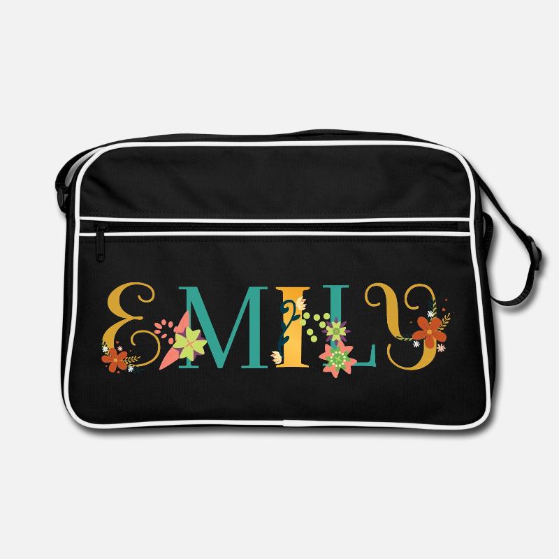 EMILY Name Art mit gestickten Blumen - Retro Tasche - Schwarz/Weiß