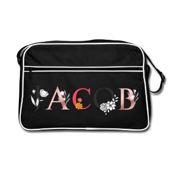 JACOB Namenskunst mit Blumen gestickt - Retro Tasche - Schwarz/Weiß - Vorne