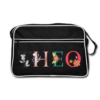 THEO Name Art With Flowers Embroidered - Retro Bag - black/white - Front