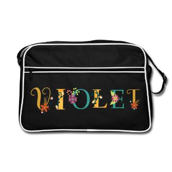 VIOLET Namenskunst mit Blumen gestickt - Retro Tasche - Schwarz/Weiß - Vorne