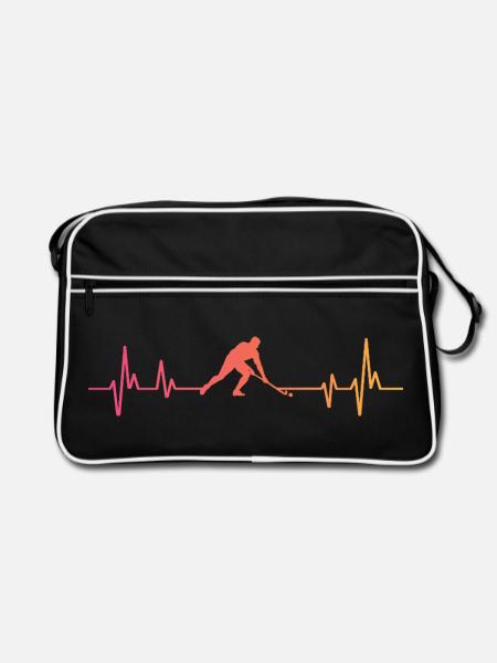 Feldhockey, Sonnenuntergangsherzschlag, Feldhockey - Retro Tasche - Schwarz/Weiß - Vorne