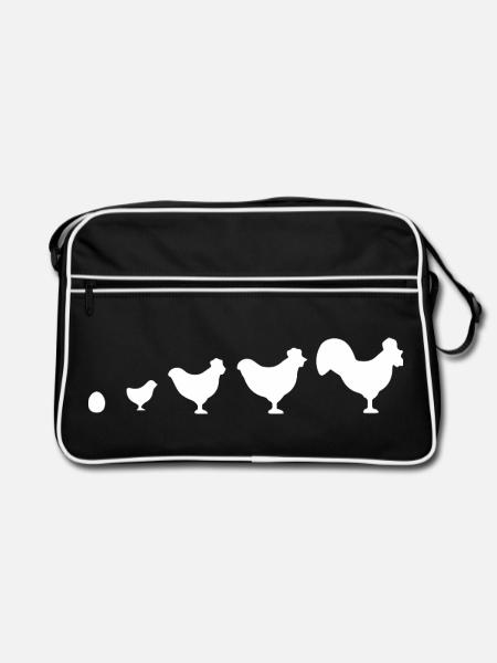 Evolution Bauer Huhn Hahn lustig - Retro Tasche - Schwarz/Weiß - Vorne