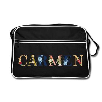 Art du nom CARMEN avec fleurs brodées - Sac Retro - noir/blanc - Devant
