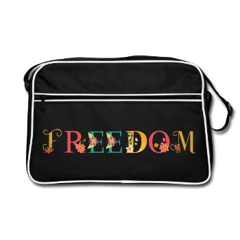 FREEDOM Namenskunst mit gestickten Blumen - Retro Tasche - Schwarz/Weiß - Vorne