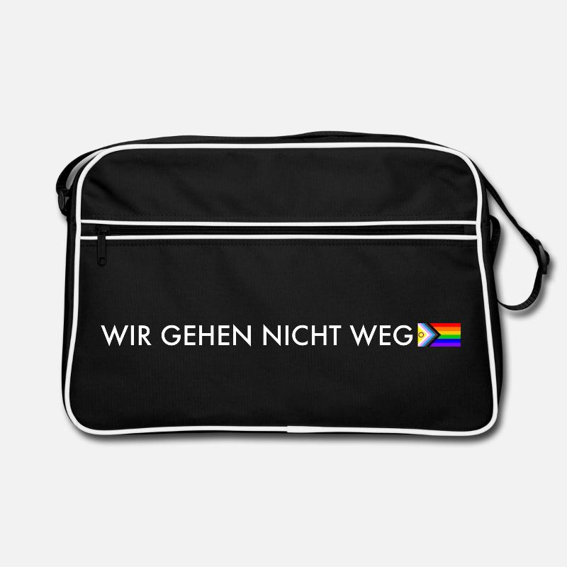 Wir gehen nicht weg – Progress Pride Statement Retro Tasche