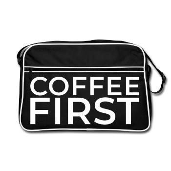 Coffee First – Weißdruck - Retro Tasche - Schwarz/Weiß - Vorne