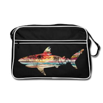 Shark Sunset Palm Trees Beach Tropical Idyll - Retro Bag - black/white - Front