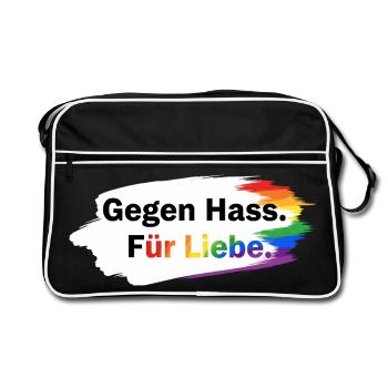 Gegen Hass Für Liebe Regenbogen T-Shirt CSD Pride - Retro Tasche - Schwarz/Weiß - Vorne