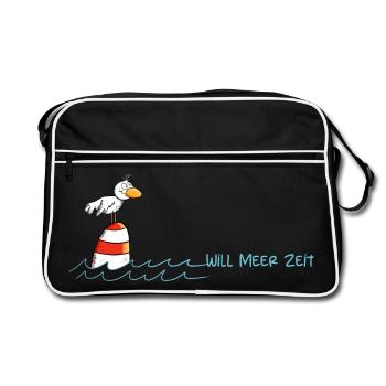 Drollige Möwe Will Meer Zeit - Retro Tasche - Schwarz/Weiß - Vorne