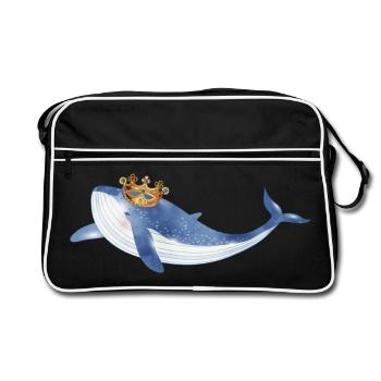 leuchtend blauer Wal Fisch mit goldener Krone - Retro Tasche - Schwarz/Weiß - Vorne