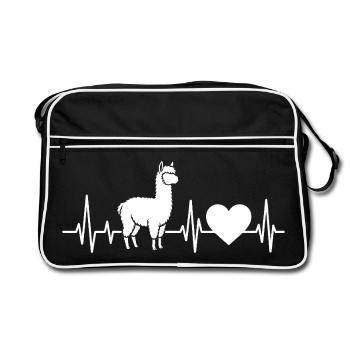Alpaka Lama Herzschlag Alpaca - Retro Tasche - Schwarz/Weiß - Vorne
