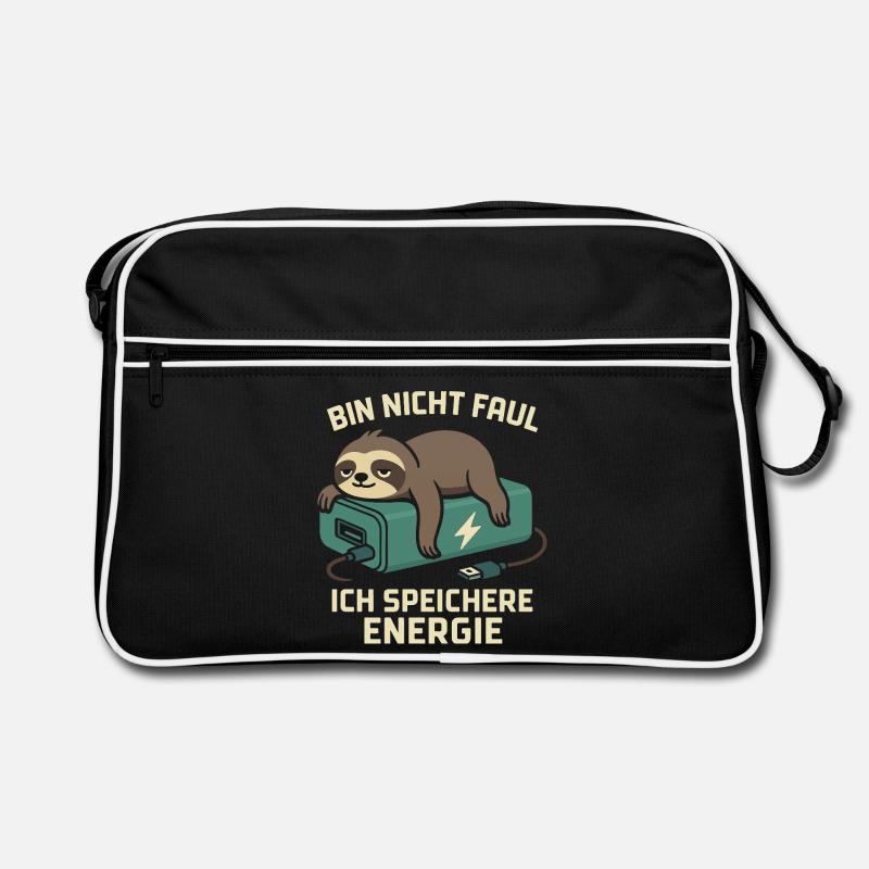 Faultier Spruch: Ich speichere Energie - Retro Tasche - Schwarz/Weiß