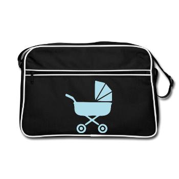 Blauer Kinderwagen Baby Geburt Geschenk  - Retro Tasche - Schwarz/Weiß - Vorne