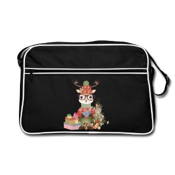 Hirsch mit Weihnachtsgeschenke,Brille und Mütze - Retro Tasche - Schwarz/Weiß - Vorne