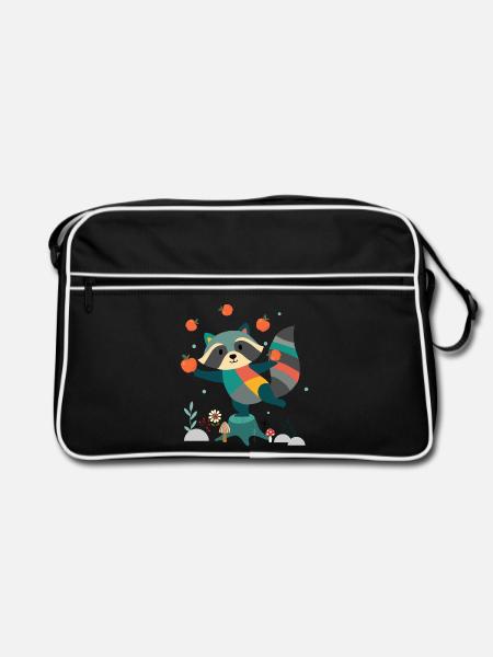 Playful raccoon happily juggling apples - Retro Bag - black/white - Front