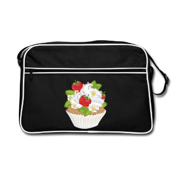 Erdbeer-Cupcake Motiv – Törtchen mit Topping - Retro Tasche - Schwarz/Weiß - Vorne