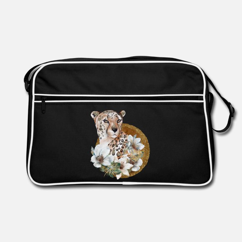 Leopard mit Gold und Blüten Retro Tasche